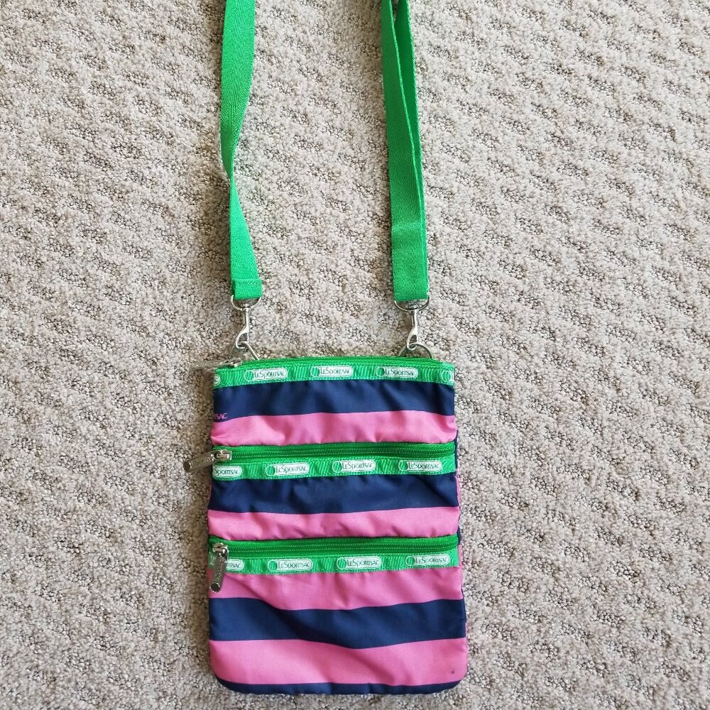 Le SportSac Preppy Striped 3 Zippered Compartment Crossbody Bag Adjustable Strap